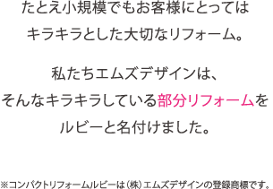 たとえ小規模でもお客様にとってはキラキラとした大切なリフォーム　私たちエムズデザインはそんなキラキラしてる部分リフォームをルビーと名付けました。